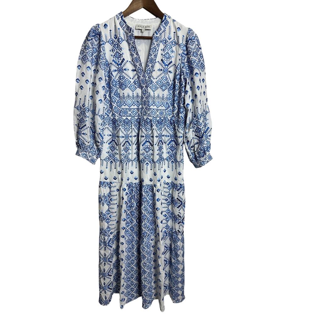 Hale Bob Clary Embroidered maxi Dress size S Blue White Balloon Sleeve Boho